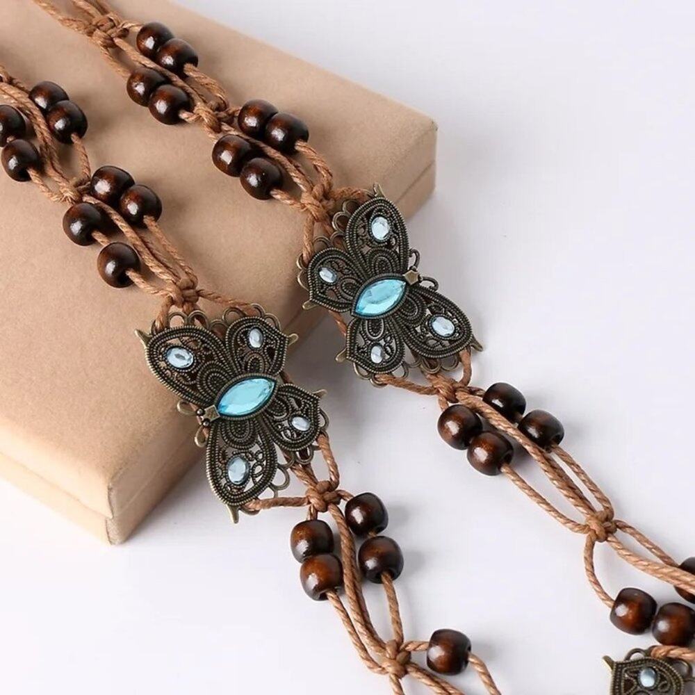 Boho Butterfly Rhinestone Blue Turquoise And Brown Beaded Woven Soft Tie Belt
